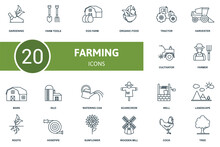 Farming Set Icon. Contains Farming Illustrations Such As Farm Tools, Organic Food, Harvester And More.