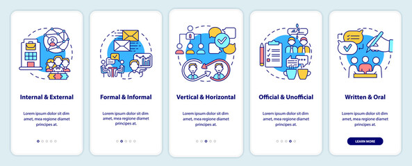 Project communication management onboarding mobile app screen. Walkthrough 5 steps graphic instructions pages with linear concepts. UI, UX, GUI template. Myriad Pro-Bold, Regular fonts used