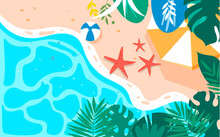 Summer Seaside Beach With Various Plants In The Foreground Vector Illustration