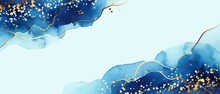 White And Blue Shades Watercolor Fluid Painting Vector Background Design. Golden Lines, Waves, Shiny Dots, Splatters.