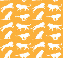 Vector Seamless Pattern Of Lions Silhouette Isolated On Yellow Background