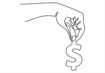 Wall Mural - save money icon, salary money, invest finance, hand holding dollar, line symbols on white background -continuous line