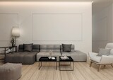 Fototapeta  - Wnętrze nowoczesnego, eleganckiego i minimalistycznego pokoju dziennego. Zaprojektowanego jako połączenie szarości, beżu i bieli oraz jasno drewnianej podłogi.