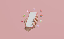3d Social Media With Hand Holding Mobile Phone, Smartphone Icons Isolated On Pink Background. Online Social, Communication Applications, Minimal Template  Concept, 3d Render Illustration