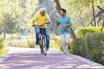 Wall Mural - Cheerful senior man riding bicycle while son running at park