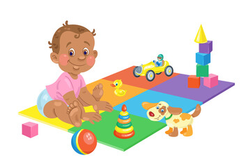 Canvas Print - Cute African American baby sits on a colorful play mat surrounded by toys. In cartoon style. Isolated on white background. Vector illustration