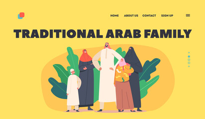 Wall Mural - Traditional Arab Family Landing Page Template. Parents and Children Characters. Saudi People Wear National Clothes