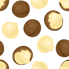 Wall Mural - Macadamia nuts background. Healthy food Vector seamless pattern. Cartoon flat illustration.