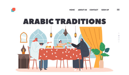 Wall Mural - Arabic Traditions Landing Page Template. Traditional Arab Family Mother, Father and Little Son Characters Eating Ifthar