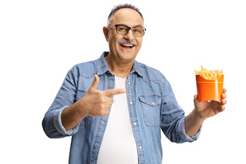 Poster - Happy mature man holding french fries and pointing