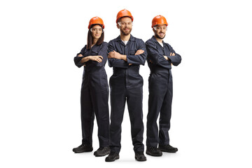 Poster - Team of workers in uniforms wearing helmets and goggles