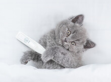 Cute Sick Tiny Kitten With Thermometer Looks From Under White Warm Blanket. Top Down View