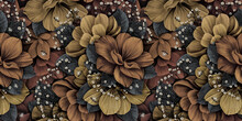Floral Seamless Pattern With Vintage Hydrangea Flowers, Leaves, Fireflies. Luxury 3d Illustration. Premium Wallpaper. Glamorous Art. Bronze Texture, Dark Background. Fabric Printing, Cloth, Posters