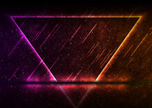 Orange Purple Neon Laser Triangle Frame Abstract Technology Retro Grunge Background. Futuristic Glowing Graphic Vector Design