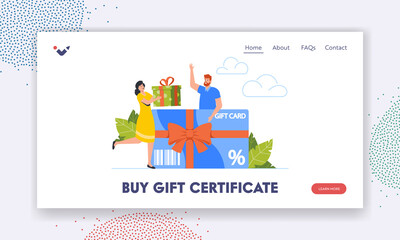 Wall Mural - Buy Gift Certificate Landing Page Template. Woman Giving Giftbox to Male Character. Festive Sale and Shopping Offer