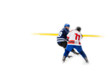Rival hockey players fight for control of the puck - out of focus hockey player on ice - blur hockey match on background