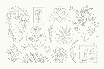 Wall Mural - Abstract botanical flower decorative elements monochrome set vector illustration. Line simple decor
