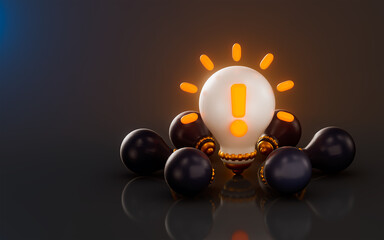 Wall Mural - light bulb exclamation icon with bright on dark background 3d render concept for idea attention