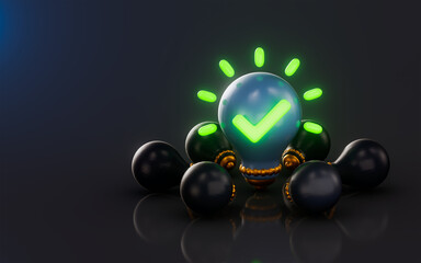 Wall Mural - light bulb check mark icon with bright on dark background 3d render concept for idea confirmation