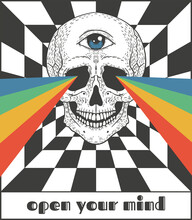 Skull With Rainbow Rays From Eyes, Psychedelic Illustration, T-shirt Print, Poster, Optical Illusion