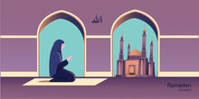 Illustration Of Muslim Woman Pray With Mosque Background
