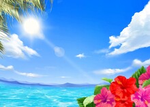 太陽の光差し込む青い空の下、美しい海沿いにヤシの木とハイビスカスの咲く夏のおしゃれフレーム背景素材