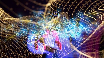 Neural network 3D illustration. Big data and cybersecurity