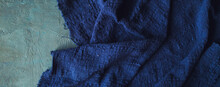 Linen Cloth Blue Texture Background. Wrinkled Linen Blue Fabric. Banner