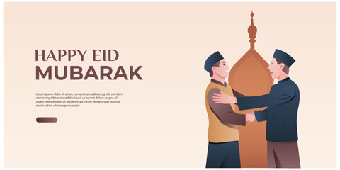 banner of two muslim men shaking hand on eid al fitr