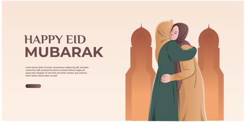 Wall Mural - banner of two woman hugging on eid al fitr