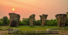 Time Lapse Of Sunrise Over A Stonehenge Of Thailand Or "Mo Hin Khao" Prehistoric Stone In Phu Laen Kha National Park, Chaiyaphum, Northeast Of Thailand. Public Place For Travel And Natural Travel.