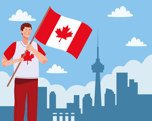 Canvas Print - man waving canada flag scene