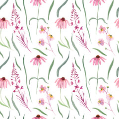 Seamless pattern with wild flowers and leaves. Watercolor hand painted illustration on white. Great for fabrics, wrapping papers, wallpapers, covers. Summer textile print.