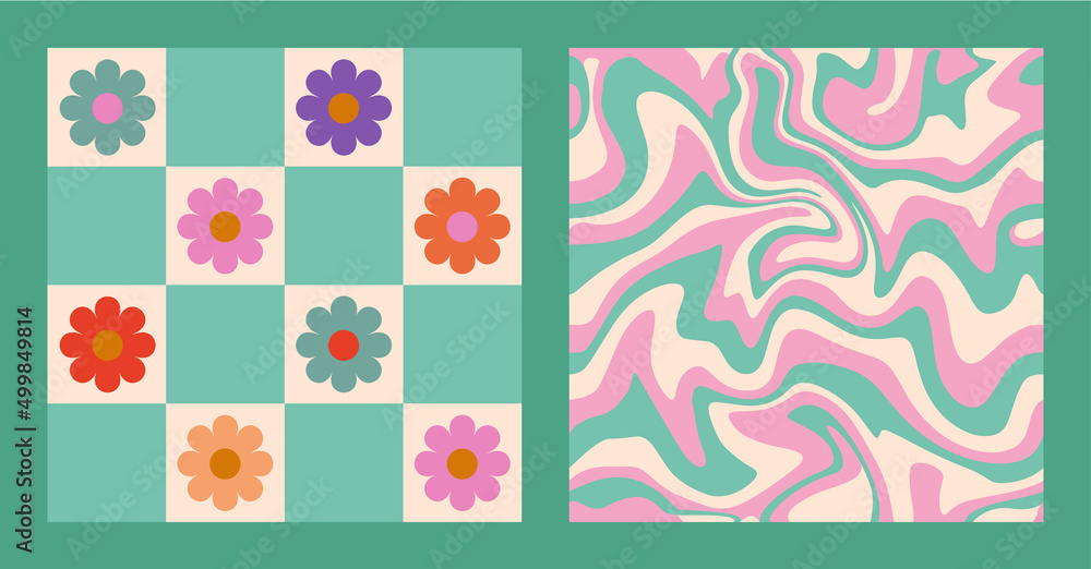 Vector de Stock 1970 Daisy Flowers on Grid Background, Wavy Swirl ...