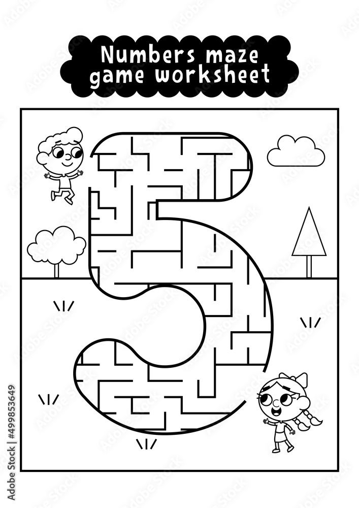 Black and white numbers maze game worksheet for preschool kids. Numbers ...