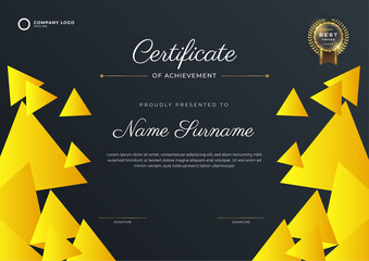 Modern black certificate template and border, for award, diploma, and printing. Black and gold elegant certificate of achievement template with gold badge and border