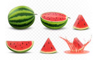 Wall Mural - set of fresh whole, half, cut slice and piece of watermelon isolated on white background. vegan food
