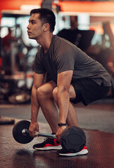 Sticker - This is the heaviest weight Ive used. Shot of a young man about to lift weights at the gym.