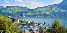 Idyllic Harbor Old Town Spiez, Lake Thunersee, Bernese Oberland Landscape Switzerland
