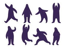 Strange Creatures In Different Poses Cartoon Illustration Set. Dark Blue Figures Of Human Or Person On White Background. Cute People Running, Dancing, Waving With Hand. Abstract Characters Concept