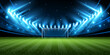 Soccer field with bright spotlights and confetti. Vector illustration