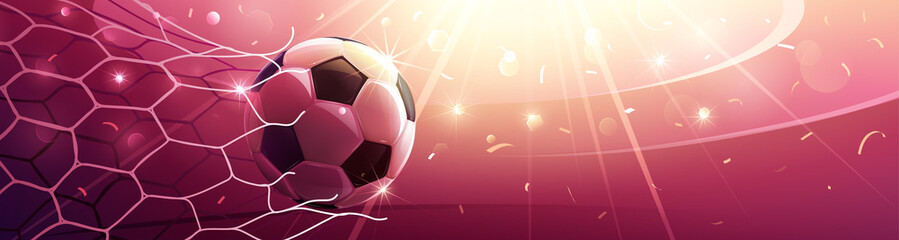 Sticker - Realistic soccer ball hitting the net. Football championship in the arena. Vector illustration