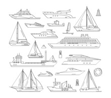 Hand Drawn Maritime Ships. Vector Icon Set Of Outline Ship At Sea, Sail Boats, Speed Boat, Yacht, Liner, Sailboat, Cruiser And Cargo Ships. Water Ocean Transport Boat. Sea Marine Travel