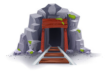 Mine Cave Cartoon Vector Illustration, Ancient Stone Tunnel Entrance, Old Wooden Coal Underground Door. Game Gray Mountain Rocks, Geology Coal Shaft, Cliff Hole, Rails. Mine Cave Isolated On White