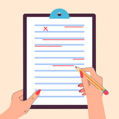 Wall Mural - Hands of teacher or editor correcting mistakes in document. Incorrect grammar or spelling, errors in text flat vector illustration. Education, correction concept for banner or landing web page