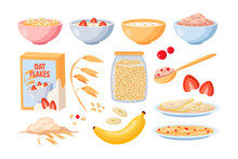 Oatmeal Porridge For Breakfast Cartoon Illustration Set. Oat Flakes In Box, Bowl Of Porridge With Banana, Pear And Strawberry, Jar Of Granola. Food, Grain, Healthy Lifestyle, Nourishment Concept