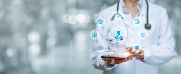 Doctor showing programs interface on virtual computer screen .