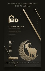 Banner template for eid mubarak with crescent and goat design in black gold background