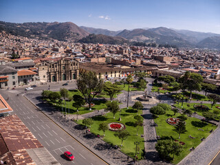 Cajamarca, Peru: Aerial view of the main square park of the city