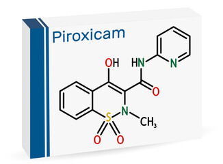 Poster - Piroxicam, piroksikam molecule. It is nonsteroidal anti-inflammatory drug NSAID. Skeletal chemical formula. Paper packaging for drugs